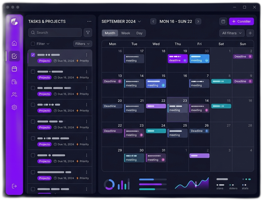 Akiflow — featured review on The GearBoxx Akiflow dark-mode interface preview — Tasks and Projects panel plus a color-coded calendar with meetings, deadlines, and time-blocked work.